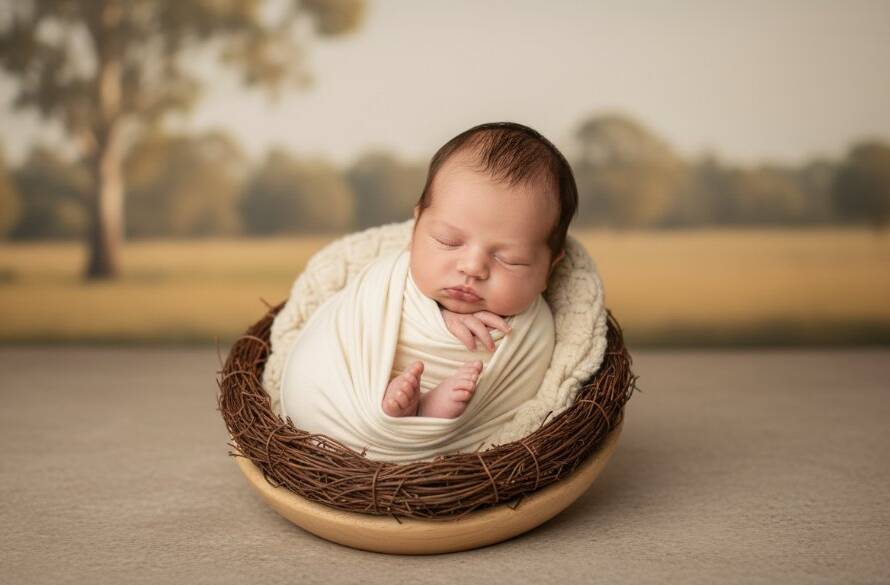 An epic moment of heartfelt newborn photography in Bangholme, Victoria, showing a sleeping baby peacefully swaddled in soft, natural light, cradled in parent's hands, with a warm, intimate atmosphere.