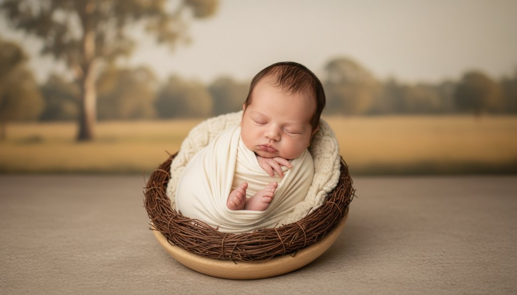 An epic moment of heartfelt newborn photography in Bangholme, Victoria, showing a sleeping baby peacefully swaddled in soft, natural light, cradled in parent's hands, with a warm, intimate atmosphere.