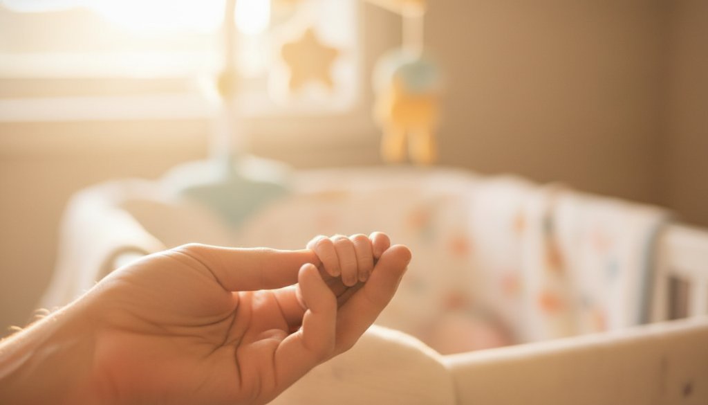 An intimate, emotionally resonant 'epic moment' photograph capturing heartfelt newborn photography Berwick, showing a tiny baby's hand gently grasping a parent's finger, bathed in soft, golden window light, in a serene Berwick home setting.