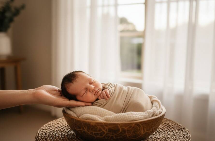 A tender, cinematic shot capturing heartfelt newborn photography Blackburn South Victoria, showing a baby swaddled in soft fabrics, bathed in a gentle ray of light filtering through a window, with parents' hands softly caressing them, evoking warmth and new beginnings.