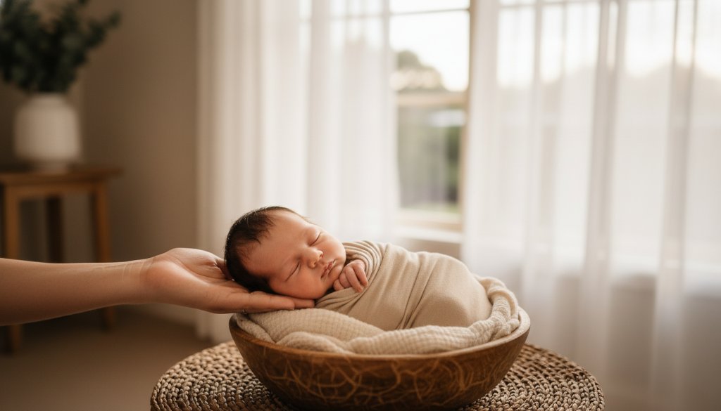A tender, cinematic shot capturing heartfelt newborn photography Blackburn South Victoria, showing a baby swaddled in soft fabrics, bathed in a gentle ray of light filtering through a window, with parents' hands softly caressing them, evoking warmth and new beginnings.