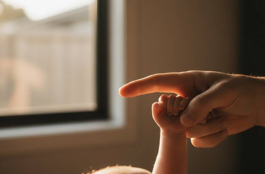A heartwarming, dramatic close-up of a sleeping newborn's tiny feet being gently held by a parent's hands, bathed in soft, ethereal natural light in a cozy Boronia home, showcasing heartfelt newborn photography Boronia.