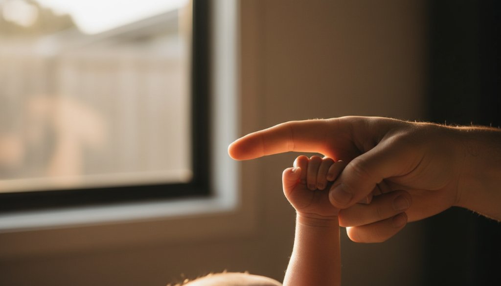 A heartwarming, dramatic close-up of a sleeping newborn's tiny feet being gently held by a parent's hands, bathed in soft, ethereal natural light in a cozy Boronia home, showcasing heartfelt newborn photography Boronia.