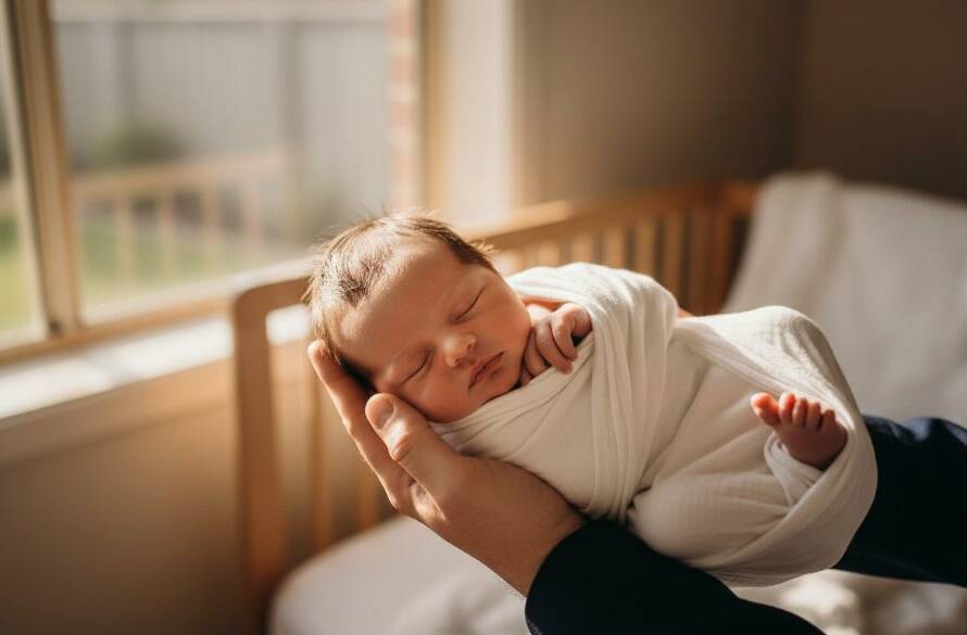 An epic, soft-focus portrait showcasing a peaceful newborn baby swaddled in cream fabric, gently held in a parent's hands, bathed in golden morning light filtering through a window in a warm Braeside home, emphasizing the delicate details of the baby's face, with a shallow depth of field, representing heartfelt newborn photography Braeside Victoria.