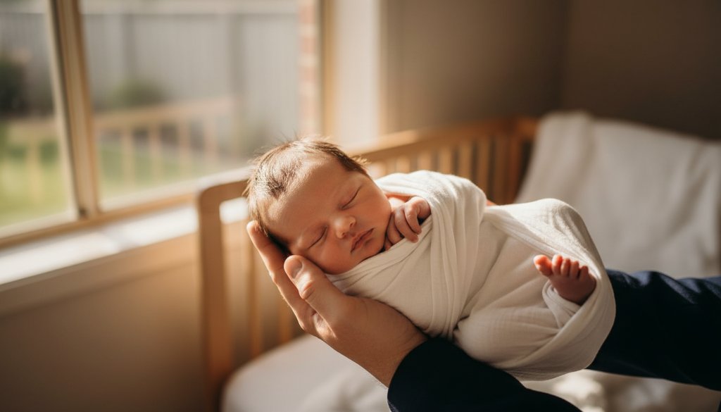 An epic, soft-focus portrait showcasing a peaceful newborn baby swaddled in cream fabric, gently held in a parent's hands, bathed in golden morning light filtering through a window in a warm Braeside home, emphasizing the delicate details of the baby's face, with a shallow depth of field, representing heartfelt newborn photography Braeside Victoria.