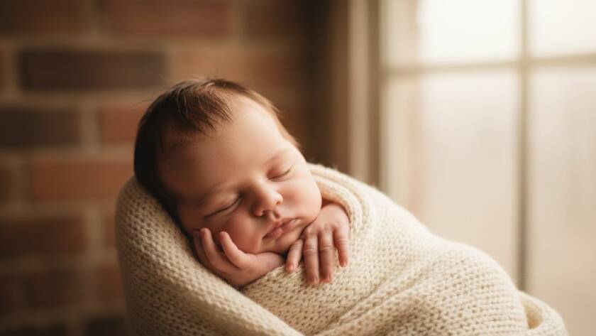A close-up, heartfelt newborn photography Brooklyn VIC portrait showing a sleeping baby nestled peacefully, their tiny fingers gently curled, bathed in soft, warm light, symbolising pure innocence and new beginnings.
