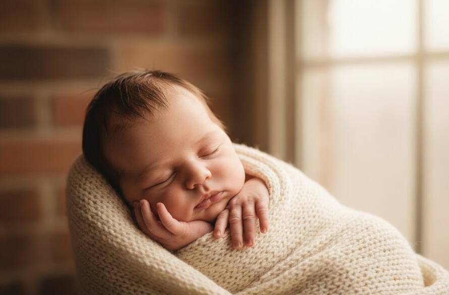 A close-up, heartfelt newborn photography Brooklyn VIC portrait showing a sleeping baby nestled peacefully, their tiny fingers gently curled, bathed in soft, warm light, symbolising pure innocence and new beginnings.
