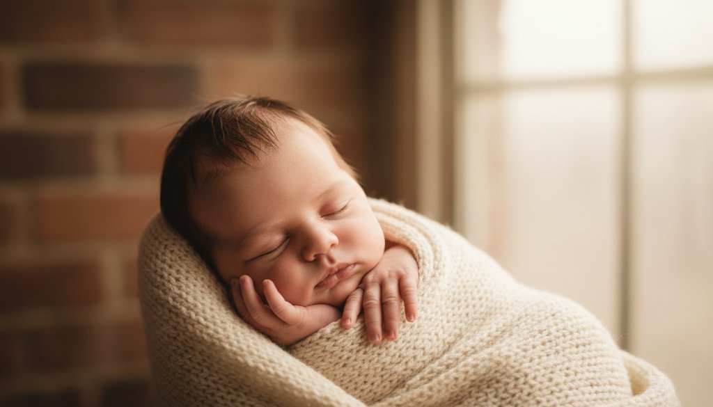 A close-up, heartfelt newborn photography Brooklyn VIC portrait showing a sleeping baby nestled peacefully, their tiny fingers gently curled, bathed in soft, warm light, symbolising pure innocence and new beginnings.