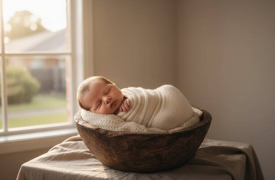 A breathtaking wide-angle shot of a sleeping newborn baby nestled safely in a rustic wooden basket, surrounded by soft, flowing cream fabrics, bathed in warm, ethereal window light in a serene home studio in Burwood East, Victoria, emphasizing the pure innocence of heartfelt newborn photography Burwood East.