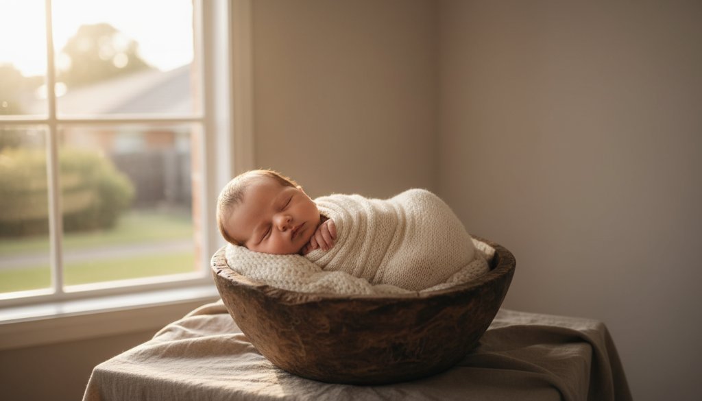 A breathtaking wide-angle shot of a sleeping newborn baby nestled safely in a rustic wooden basket, surrounded by soft, flowing cream fabrics, bathed in warm, ethereal window light in a serene home studio in Burwood East, Victoria, emphasizing the pure innocence of heartfelt newborn photography Burwood East.