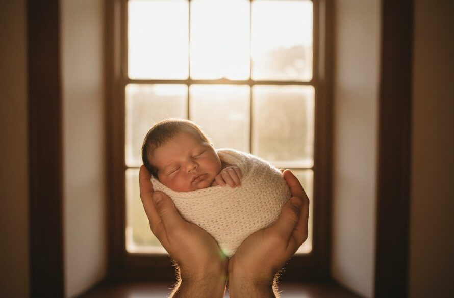 A tender moment of heartfelt newborn photography in Castlemaine VIC, featuring a sleeping baby cradled in parents' hands, bathed in soft, warm light from a large window in a rustic Castlemaine home, evoking peace and new beginnings.
