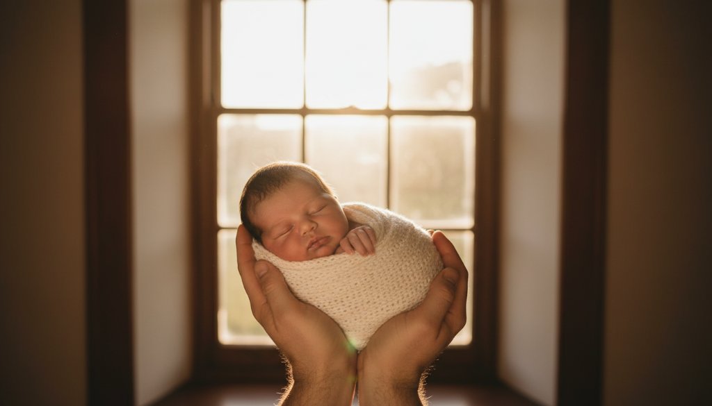 A tender moment of heartfelt newborn photography in Castlemaine VIC, featuring a sleeping baby cradled in parents' hands, bathed in soft, warm light from a large window in a rustic Castlemaine home, evoking peace and new beginnings.