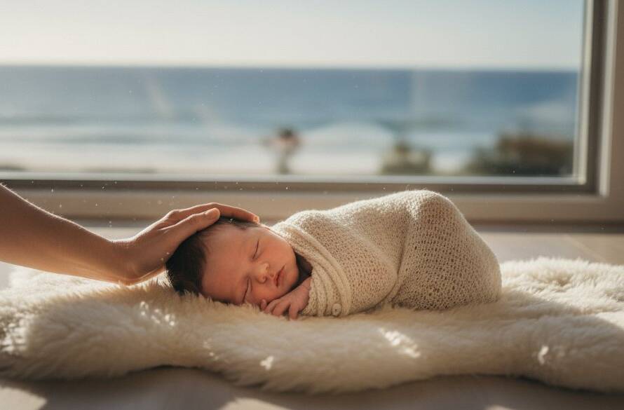 A tender, cinematic wide-angle shot of a sleeping newborn baby wrapped in a soft, cream swaddle, cradled gently in their parent's hands, bathed in soft, warm morning light filtering through a window in a bright, modern Chelsea home, showcasing heartfelt newborn photography Chelsea Victoria with a focus on intimacy and connection.