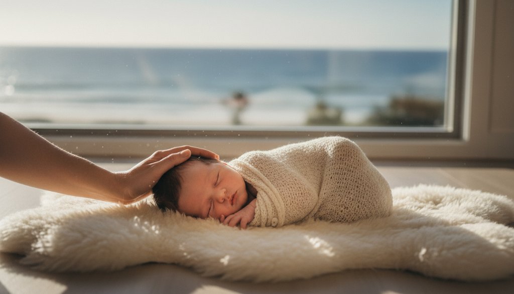 A tender, cinematic wide-angle shot of a sleeping newborn baby wrapped in a soft, cream swaddle, cradled gently in their parent's hands, bathed in soft, warm morning light filtering through a window in a bright, modern Chelsea home, showcasing heartfelt newborn photography Chelsea Victoria with a focus on intimacy and connection.