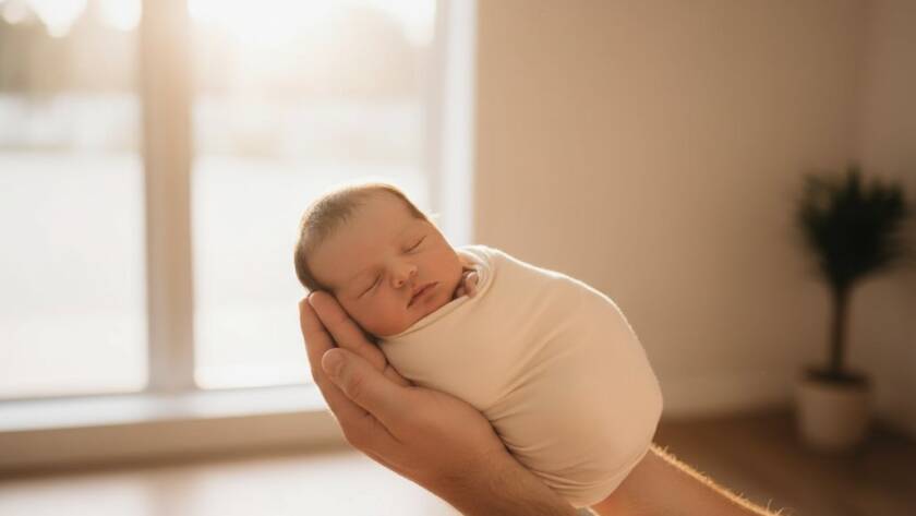 A heartwarming, professionally lit studio portrait capturing a serene newborn baby wrapped in a soft blanket, gently held by parents' hands, emphasizing the intimate bond, for heartfelt newborn photography Clayton VIC.