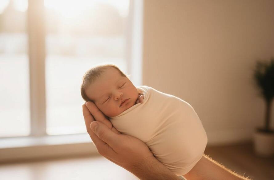 A heartwarming, professionally lit studio portrait capturing a serene newborn baby wrapped in a soft blanket, gently held by parents' hands, emphasizing the intimate bond, for heartfelt newborn photography Clayton VIC.