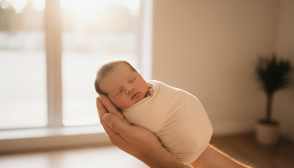 A heartwarming, professionally lit studio portrait capturing a serene newborn baby wrapped in a soft blanket, gently held by parents' hands, emphasizing the intimate bond, for heartfelt newborn photography Clayton VIC.