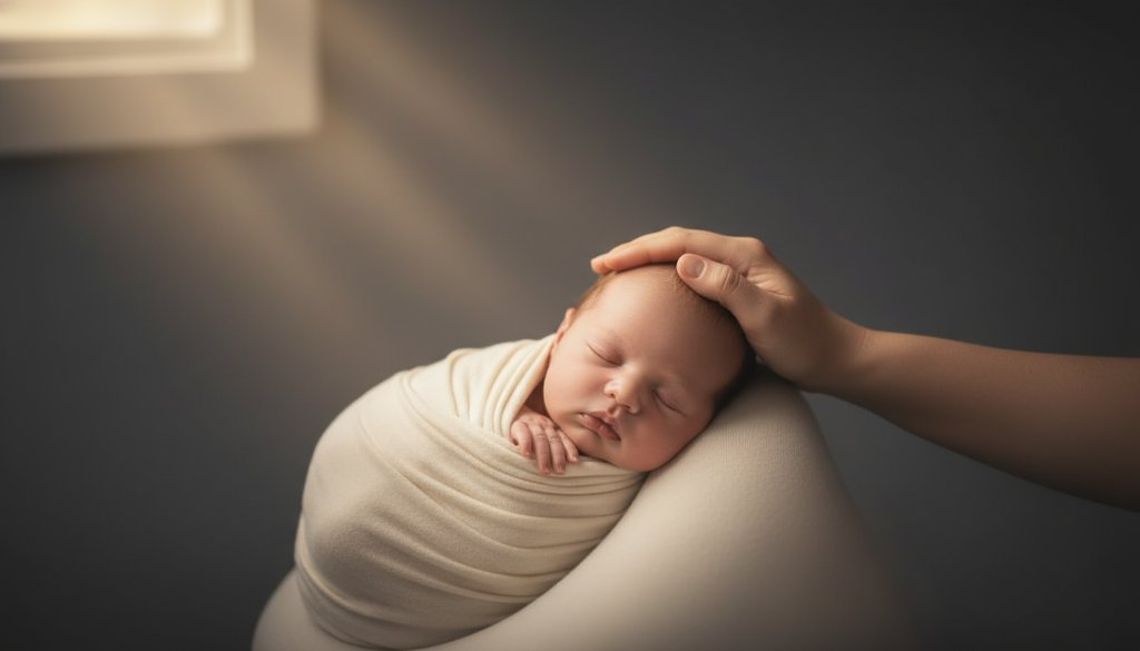 A beautifully lit, heartfelt newborn photography Clayton Victoria portrait, showing a sleeping baby swaddled in soft white fabric, bathed in warm, ethereal light, with a parent's hand gently cradling their head, evoking peace and new beginnings.