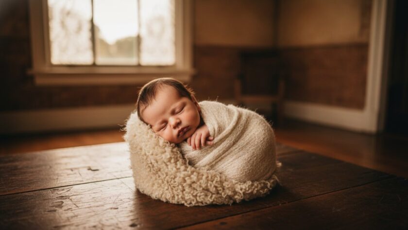 A stunning, soft-focus portrait showcasing heartfelt newborn photography Clunes Victoria, featuring a sleeping baby wrapped in natural fibres, bathed in gentle morning light filtering through an old Clunes window, evoking a serene and timeless family moment.
