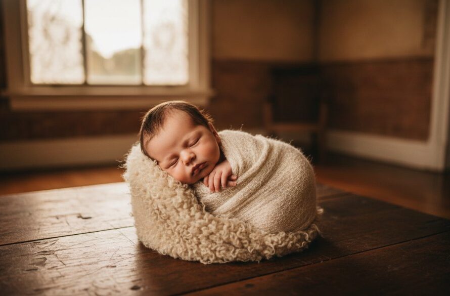A stunning, soft-focus portrait showcasing heartfelt newborn photography Clunes Victoria, featuring a sleeping baby wrapped in natural fibres, bathed in gentle morning light filtering through an old Clunes window, evoking a serene and timeless family moment.