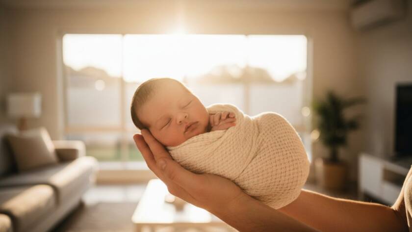 A heartwarming and intimate portrait of a newborn baby gently sleeping, swaddled in soft cream fabric, held safely in their parent's hands, with a dreamy, golden hour glow illuminating the scene from a window in a Croydon Hills home. This image perfectly captures the essence of heartfelt newborn photography Croydon Hills Victoria.