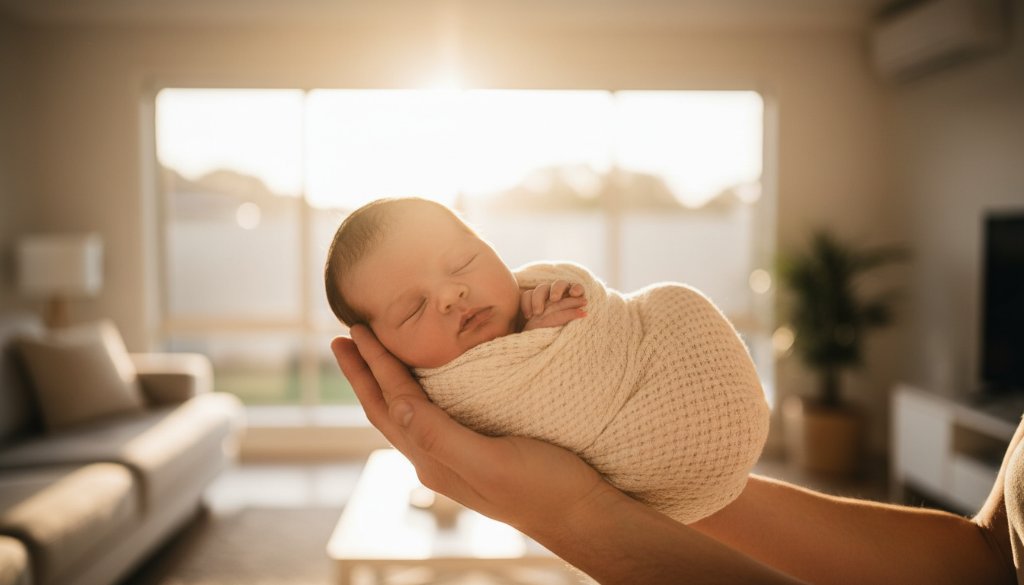 A heartwarming and intimate portrait of a newborn baby gently sleeping, swaddled in soft cream fabric, held safely in their parent's hands, with a dreamy, golden hour glow illuminating the scene from a window in a Croydon Hills home. This image perfectly captures the essence of heartfelt newborn photography Croydon Hills Victoria.