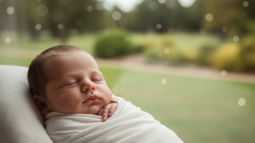 Close-up, heartwarming portrait of a sleeping newborn baby swaddled in soft white fabric, bathed in gentle natural light, with a hint of a lush, serene Croydon park background. The image, showcasing heartfelt newborn photography Croydon VIC, has a professional, cinematic feel with beautiful bokeh.