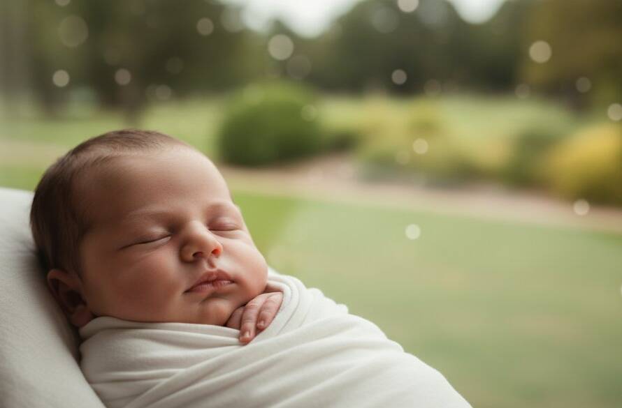 Close-up, heartwarming portrait of a sleeping newborn baby swaddled in soft white fabric, bathed in gentle natural light, with a hint of a lush, serene Croydon park background. The image, showcasing heartfelt newborn photography Croydon VIC, has a professional, cinematic feel with beautiful bokeh.