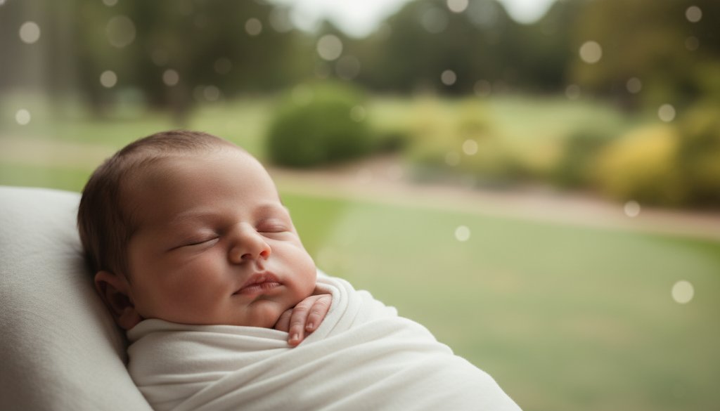 Close-up, heartwarming portrait of a sleeping newborn baby swaddled in soft white fabric, bathed in gentle natural light, with a hint of a lush, serene Croydon park background. The image, showcasing heartfelt newborn photography Croydon VIC, has a professional, cinematic feel with beautiful bokeh.