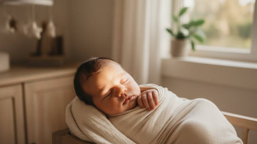 A tender, epic moment of heartfelt newborn photography Dandenong Victoria, showcasing a peacefully sleeping baby swaddled in soft white fabric, bathed in warm, soft studio light, with a parent's gentle hand caressing their tiny head, emphasizing love and new beginnings.