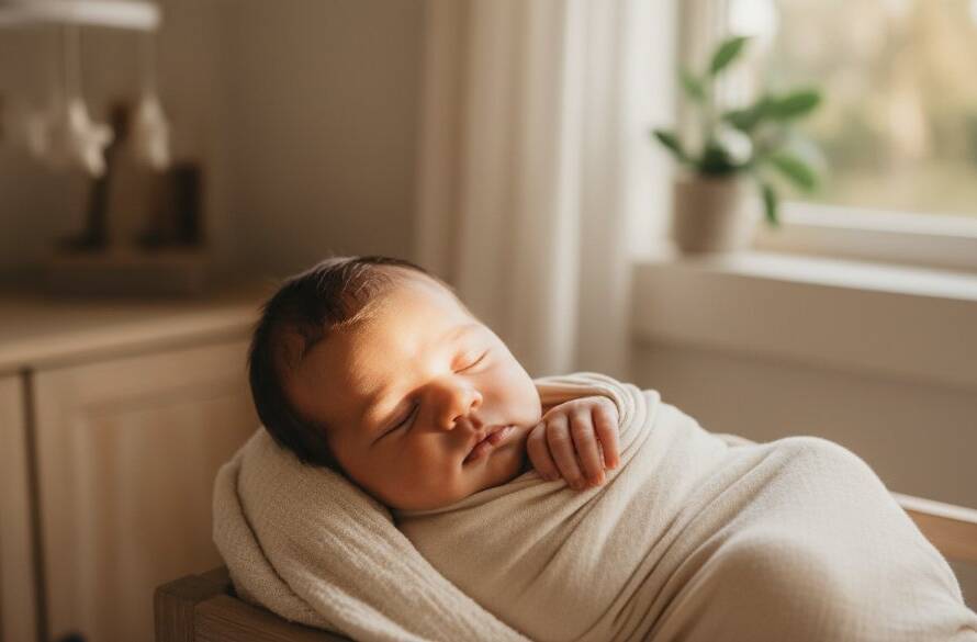 A tender, epic moment of heartfelt newborn photography Dandenong Victoria, showcasing a peacefully sleeping baby swaddled in soft white fabric, bathed in warm, soft studio light, with a parent's gentle hand caressing their tiny head, emphasizing love and new beginnings.
