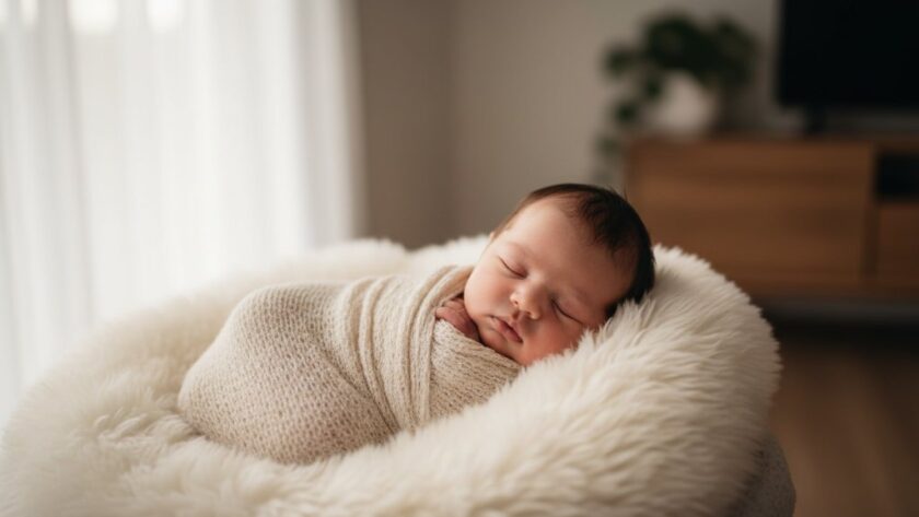 A tender, heartfelt newborn photography East Geelong portrait of a sleeping baby nestled peacefully in a soft blanket, bathed in warm, ethereal window light, capturing an epic, serene moment of new life.
