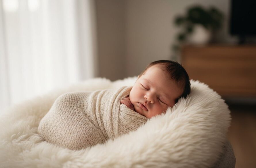 A tender, heartfelt newborn photography East Geelong portrait of a sleeping baby nestled peacefully in a soft blanket, bathed in warm, ethereal window light, capturing an epic, serene moment of new life.