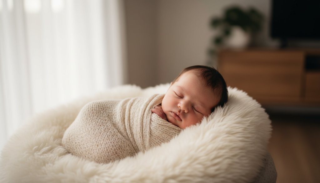 A tender, heartfelt newborn photography East Geelong portrait of a sleeping baby nestled peacefully in a soft blanket, bathed in warm, ethereal window light, capturing an epic, serene moment of new life.