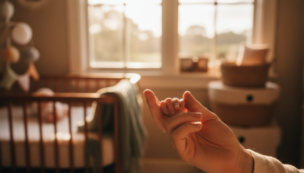An intimate, heartwarming 'epic moment' photograph capturing a newborn baby's tiny hand gently gripping a parent's finger, bathed in soft, ethereal natural light streaming through a window in a heritage Hamilton Victoria home, symbolizing the profound connection during heartfelt newborn photography.