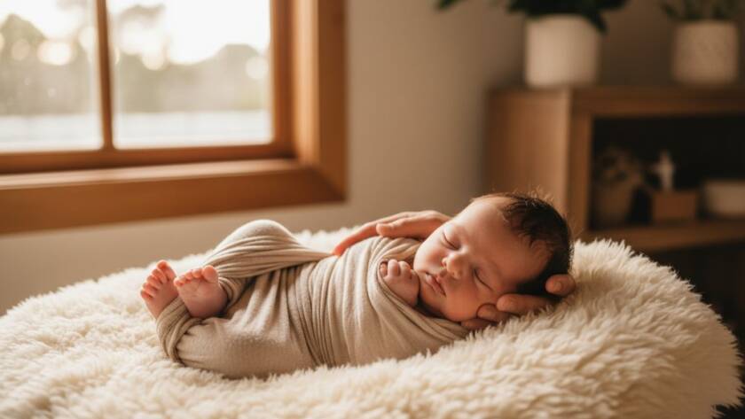 A heartwarming and professionally colour-graded wide shot of a sleeping newborn baby swaddled in soft, natural fibres, gently nestled in a rustic wooden basket outdoors in a sun-dappled garden setting in Heatherdale, Victoria. Golden hour light softly illuminates the baby's face, highlighting delicate features. A parent's hand gently caresses the baby's head, conveying deep love and serenity, capturing a truly epic moment in heartfelt newborn photography Heatherdale sessions.