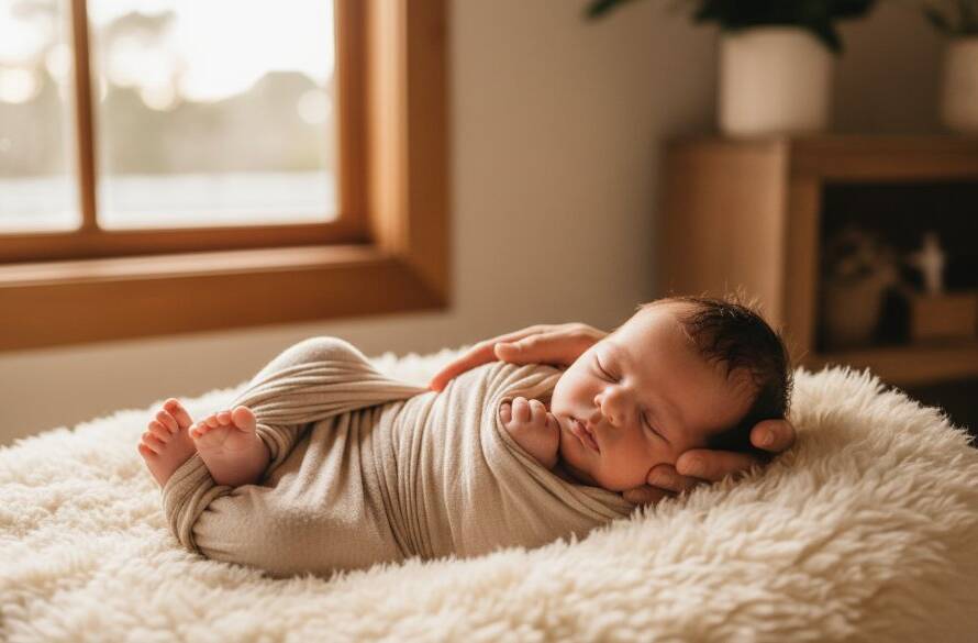 A heartwarming and professionally colour-graded wide shot of a sleeping newborn baby swaddled in soft, natural fibres, gently nestled in a rustic wooden basket outdoors in a sun-dappled garden setting in Heatherdale, Victoria. Golden hour light softly illuminates the baby's face, highlighting delicate features. A parent's hand gently caresses the baby's head, conveying deep love and serenity, capturing a truly epic moment in heartfelt newborn photography Heatherdale sessions.