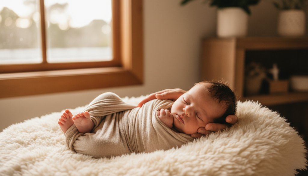 A heartwarming and professionally colour-graded wide shot of a sleeping newborn baby swaddled in soft, natural fibres, gently nestled in a rustic wooden basket outdoors in a sun-dappled garden setting in Heatherdale, Victoria. Golden hour light softly illuminates the baby's face, highlighting delicate features. A parent's hand gently caresses the baby's head, conveying deep love and serenity, capturing a truly epic moment in heartfelt newborn photography Heatherdale sessions.
