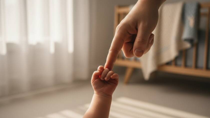 A tender, cinematic shot capturing a baby's tiny hand holding a parent's finger, bathed in soft, warm light, symbolising heartfelt newborn photography in Keysborough Victoria, a moment of pure connection.