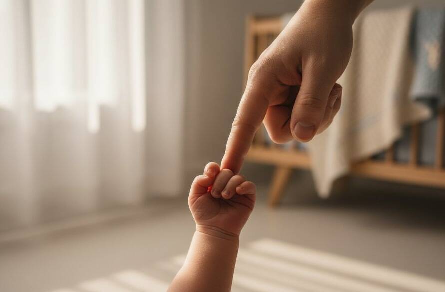 A tender, cinematic shot capturing a baby's tiny hand holding a parent's finger, bathed in soft, warm light, symbolising heartfelt newborn photography in Keysborough Victoria, a moment of pure connection.