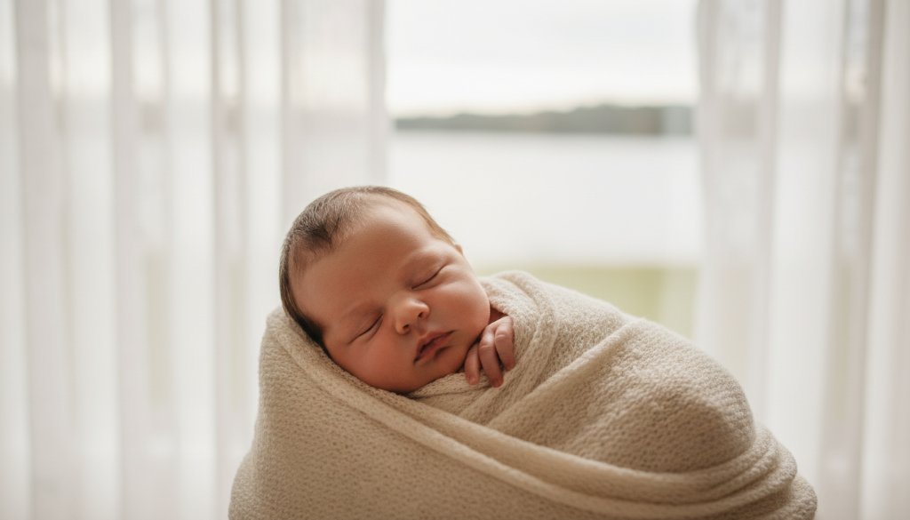 An artistic close-up photograph capturing the peaceful sleep of a newborn baby, swaddled gently, with delicate hands visible. The image embodies heartfelt newborn photography Lake Wendouree for timeless memories, featuring soft, ethereal lighting filtering through sheer curtains, evoking a sense of warmth and new beginnings.