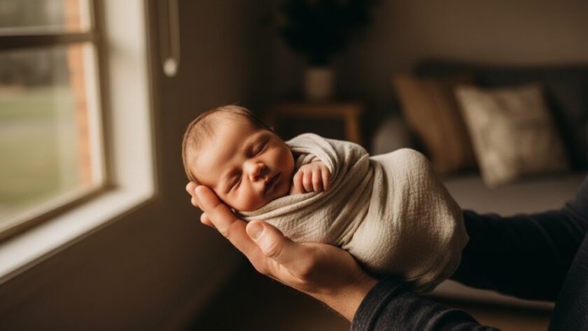 A tender, heartfelt newborn photography Maiden Gully home session captured in a dramatic, softly lit portrait, showing a baby nestled peacefully in a parent's arms by a sun-drenched window, evoking warmth and love.