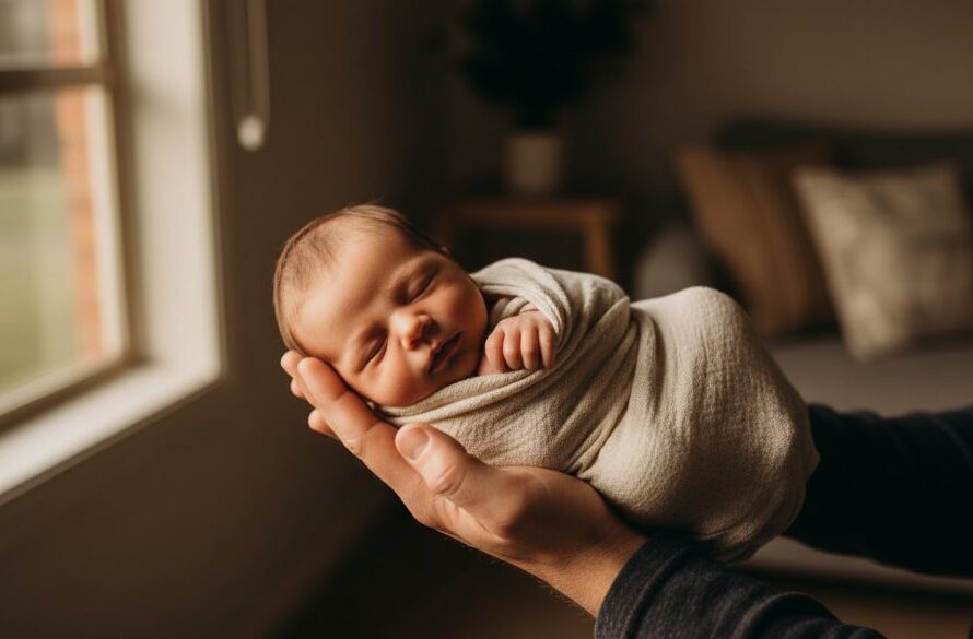 A tender, heartfelt newborn photography Maiden Gully home session captured in a dramatic, softly lit portrait, showing a baby nestled peacefully in a parent's arms by a sun-drenched window, evoking warmth and love.