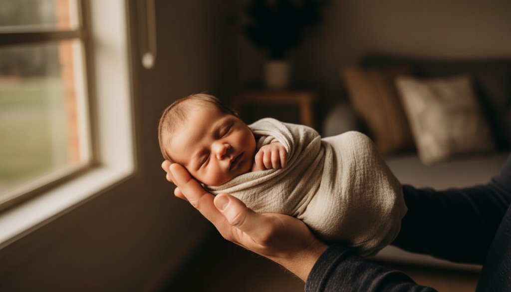 A tender, heartfelt newborn photography Maiden Gully home session captured in a dramatic, softly lit portrait, showing a baby nestled peacefully in a parent's arms by a sun-drenched window, evoking warmth and love.