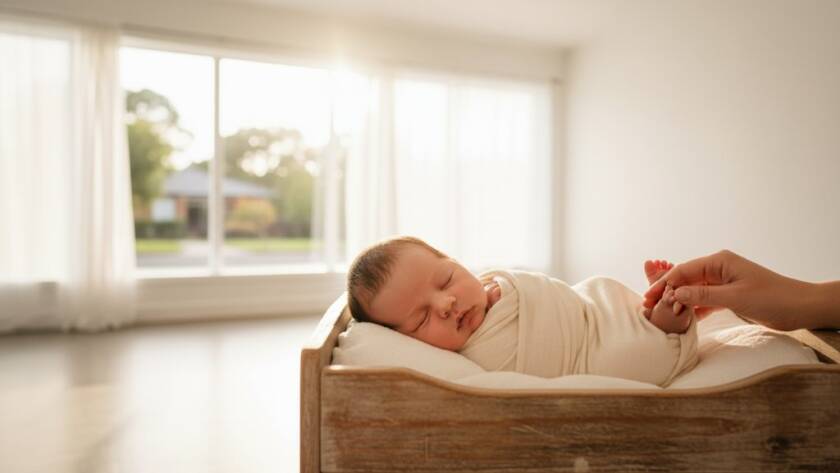 A tender, cinematic wide shot capturing a sleeping newborn nestled peacefully in a rustic wooden cot, bathed in soft, ethereal natural light streaming through a window, with a parent's gentle hand caressing their tiny foot, symbolizing Heartfelt Newborn Photography Maidstone Victoria, processed with warm, inviting tones.