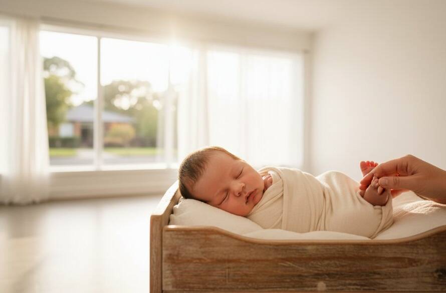 A tender, cinematic wide shot capturing a sleeping newborn nestled peacefully in a rustic wooden cot, bathed in soft, ethereal natural light streaming through a window, with a parent's gentle hand caressing their tiny foot, symbolizing Heartfelt Newborn Photography Maidstone Victoria, processed with warm, inviting tones.