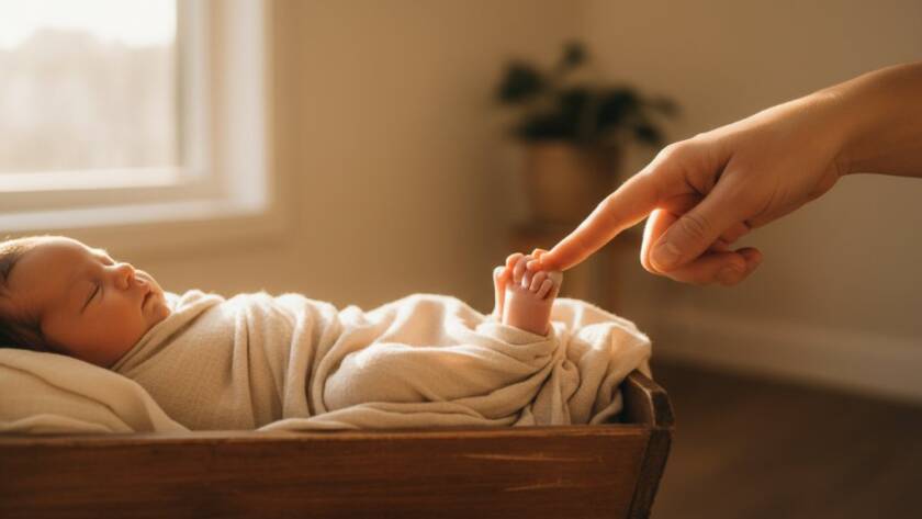 A stunning, professional photograph showcasing heartfelt newborn photography Murrumbeena Victoria, featuring a peacefully sleeping baby swaddled in soft white fabric, gently held in a parent's hands, bathed in warm, soft studio light, with a loving and serene atmosphere.