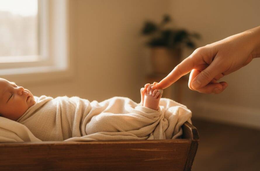 A stunning, professional photograph showcasing heartfelt newborn photography Murrumbeena Victoria, featuring a peacefully sleeping baby swaddled in soft white fabric, gently held in a parent's hands, bathed in warm, soft studio light, with a loving and serene atmosphere.