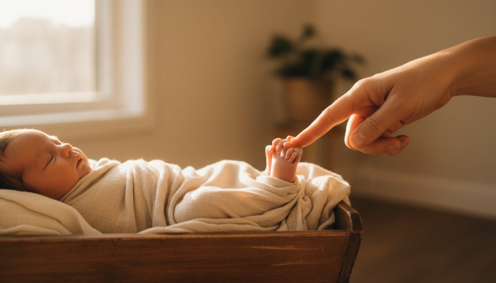 A stunning, professional photograph showcasing heartfelt newborn photography Murrumbeena Victoria, featuring a peacefully sleeping baby swaddled in soft white fabric, gently held in a parent's hands, bathed in warm, soft studio light, with a loving and serene atmosphere.