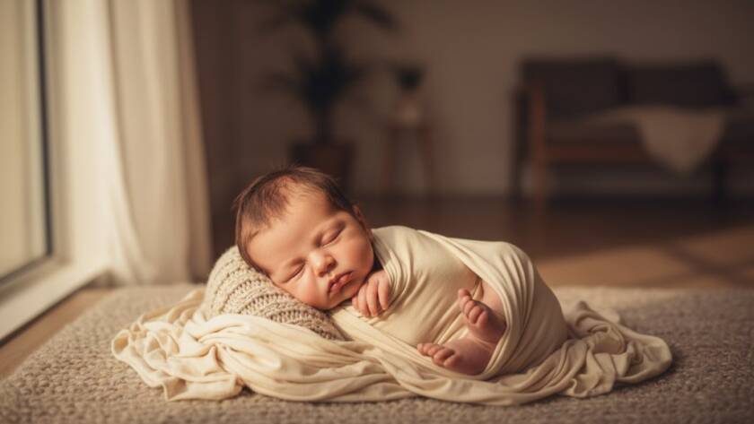 A heartwarming, softly lit, cinematic photograph of a newborn baby swaddled in a delicate blanket, nestled safely in a parent's gentle hands, with the warm, golden glow of a Newport sunrise filtering through sheer curtains. This heartfelt newborn photography Newport Victoria moment captures pure innocence and parental love.